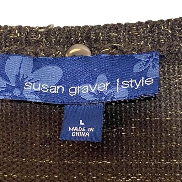 Susan Graver Cardigan Large Womens Sweater Brown Gold Metallic Knit Sequins - Picture 4 of 9